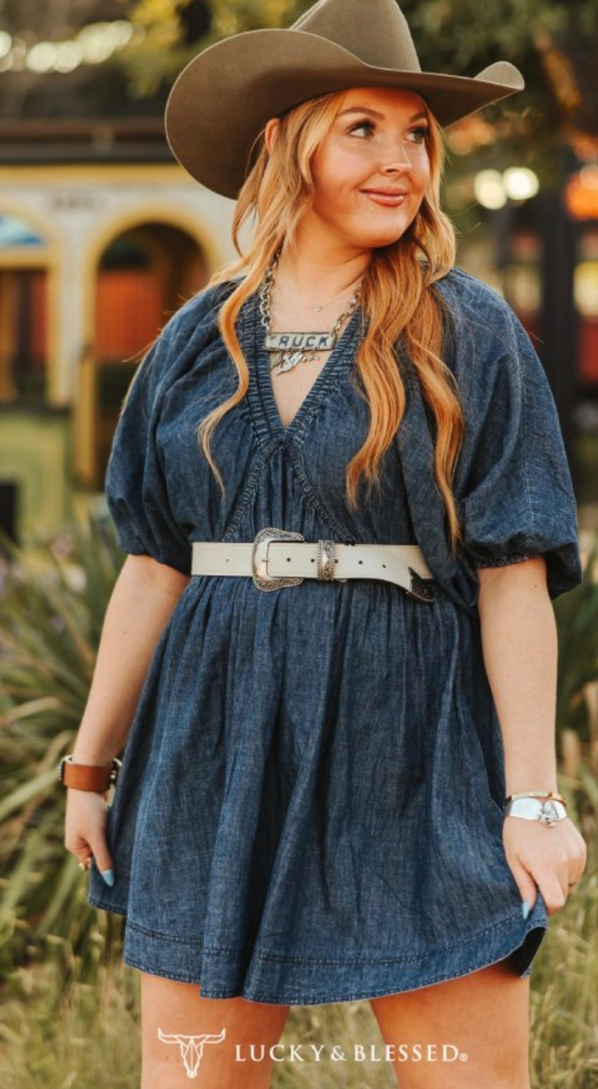 Puff Elbow Sleeve Elastic Neckline Dress