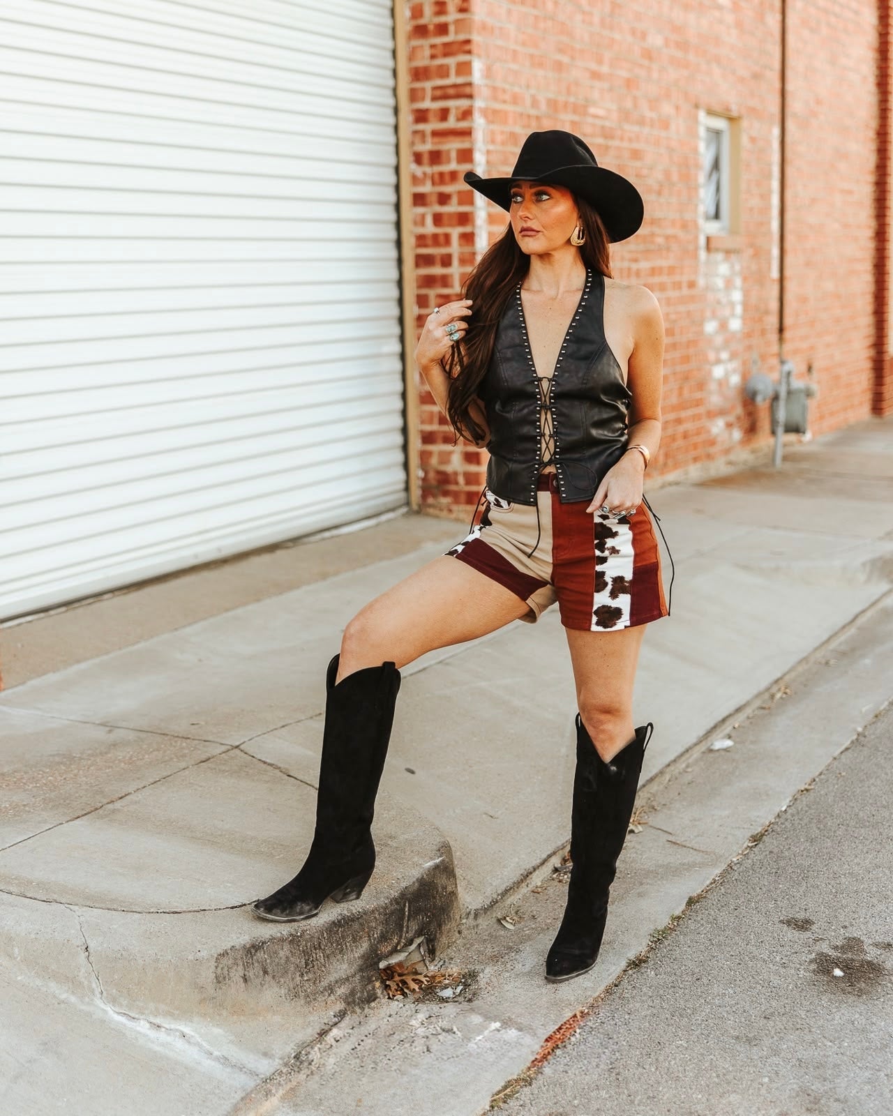 Faux leather lace up top
