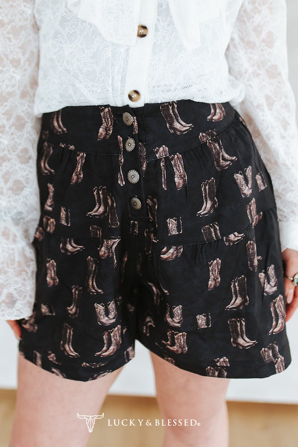 Concho button boot print shorts
