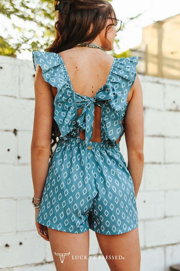 Ruffled sleeve bow tie romper