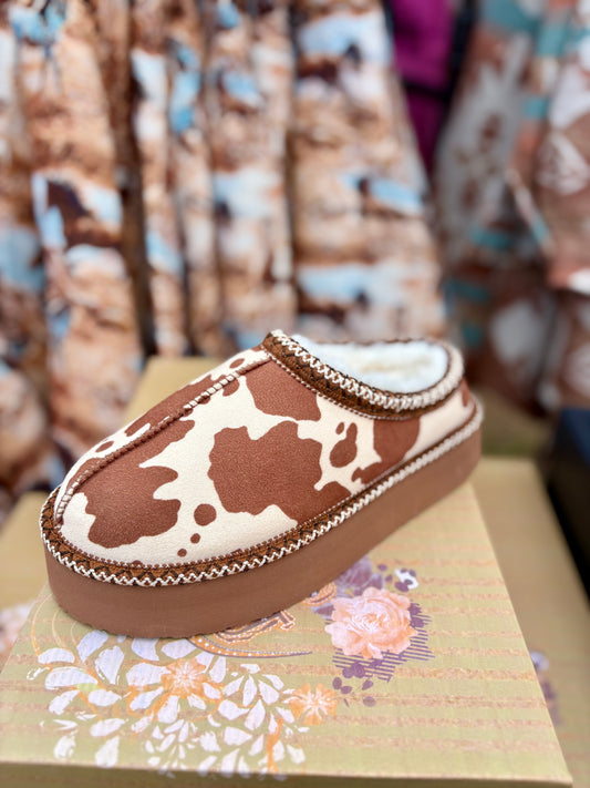 Cow print platform slippers