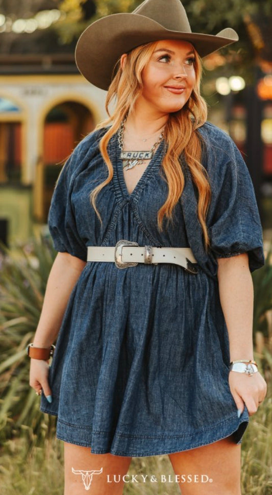 Puff Elbow Sleeve Elastic Neckline Dress