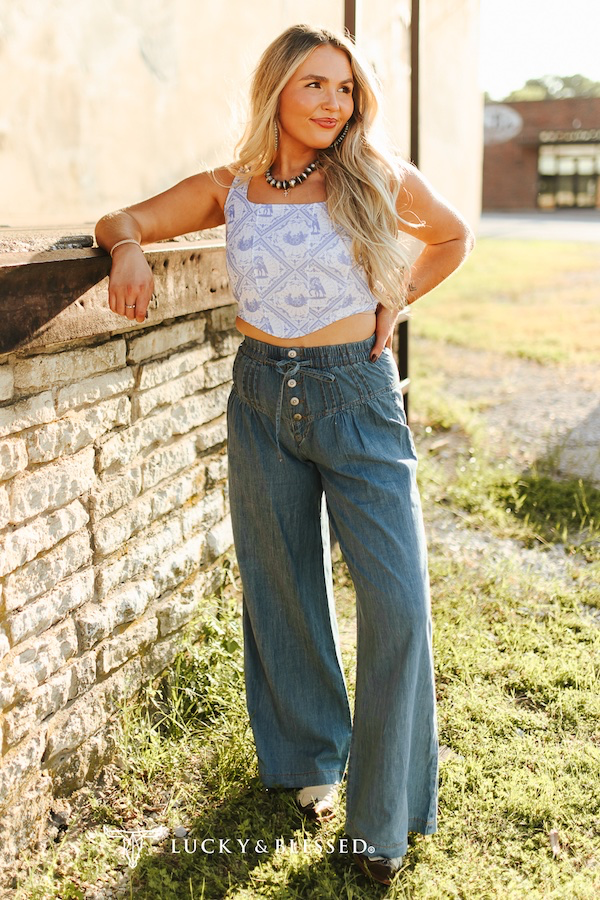 Tie Yoke Band Wide Leg Jeans