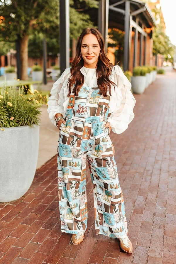 Wide leg western collage overalls