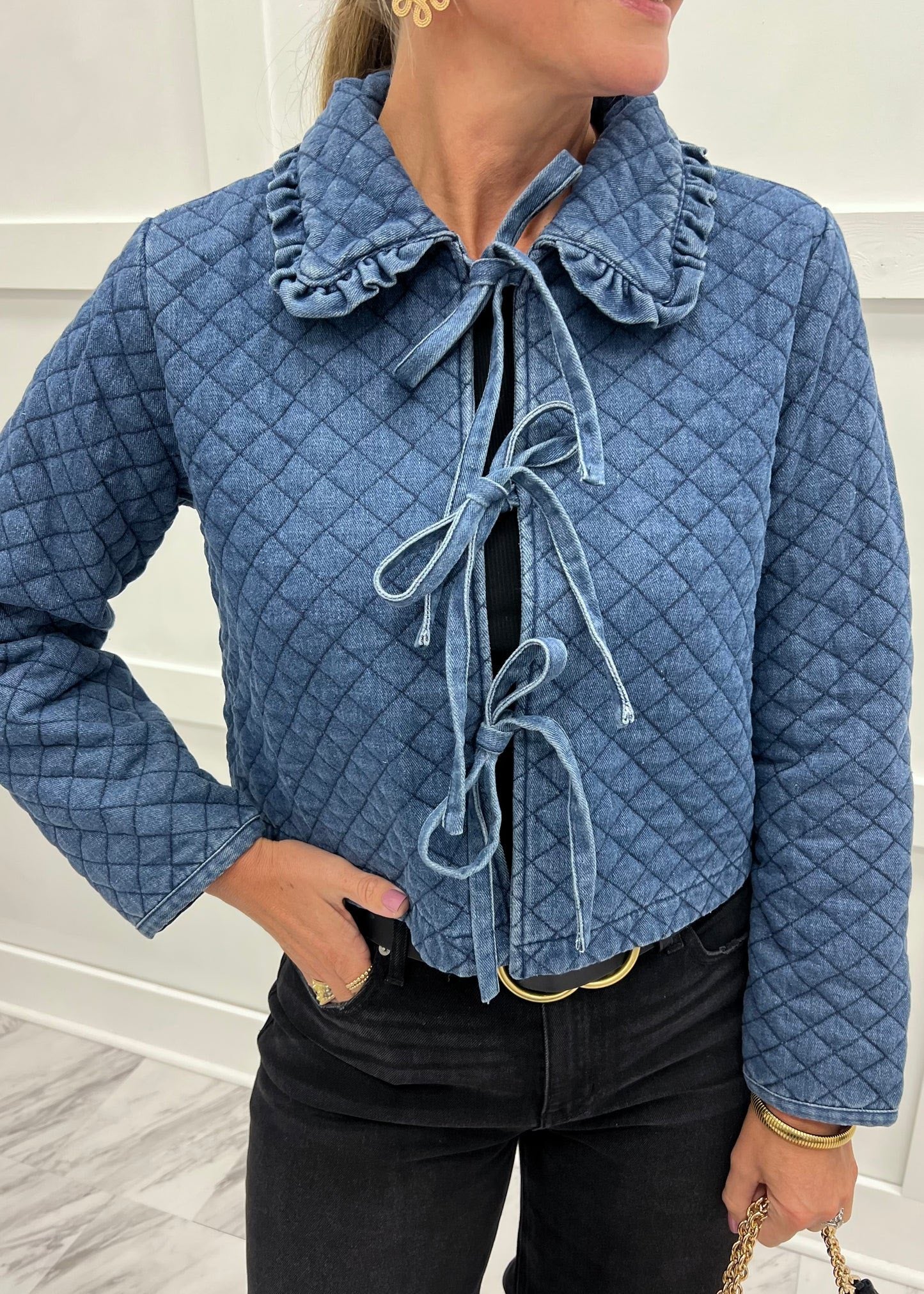 Denim ruffle quilted jacket